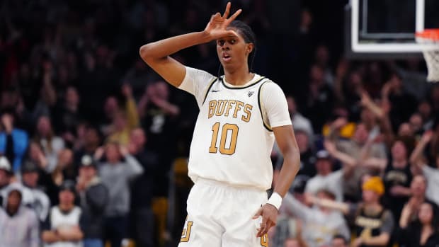 Jan 18, 2024; Boulder, Colorado, USA; Colorado Buffaloes forward Cody Williams (10) reacts after his three point basket in the second half against the Oregon Ducks at the CU Events Center